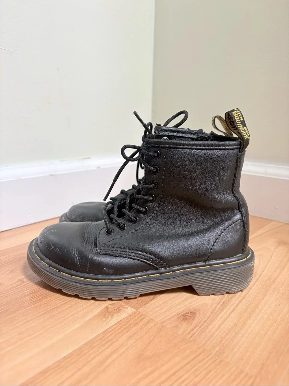 Dr. Martens Delaney Black Leather Boots with Yellow Stitching - Picture 4 of 8